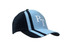 A blue and black cap featuring fabric inserts and stripes on the crown and peak, with a logo on the front. A blue and black cap featuring fabric inserts and stripes on the crown and peak, with a logo on the front.