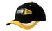 A black cap with yellow accents and embroidered detail, featuring a logo on the front peak.