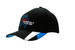 Brushed heavy cotton black cap with blue peak inserts and embroidery, featuring a logo. Brushed heavy cotton black cap with blue peak inserts and embroidery, featuring a logo.