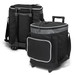A black Glacier Cooler Trolley with wheels and a retractable handle, featuring side pockets and a front mesh pocket.