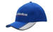 A blue cap with mesh inserts, featuring embroidery on the peak and sandwich trim, and a logo.