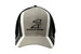 A black and grey cap featuring fabric inserts and embroidery on the crown and peak, with a logo displayed. A black and grey cap featuring fabric inserts and embroidery on the crown and peak, with a logo displayed.