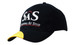A navy cap with a yellow peak, featuring an embroidered logo on the front.