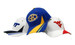 Three caps in white, blue, and red, featuring logos and embroidery, displayed together.