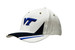 A white cap featuring a black peak and blue accents, with an embroidered logo on the front. A white cap featuring a black peak and blue accents, with an embroidered logo on the front.