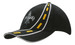 A black cap featuring road embroidery on the crown and peak, with yellow sandwich trim and a logo.