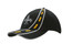 A black cap featuring road embroidery on the crown and peak, with yellow sandwich trim and a logo. A black cap featuring road embroidery on the crown and peak, with yellow sandwich trim and a logo.