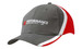 A grey cap with a red peak and stripes, featuring a logo on the front.