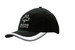 A black cap with a peak, featuring an embroidered logo and a white trim along the peak. A black cap with a peak, featuring an embroidered logo and a white trim along the peak.