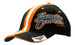 A black cap with orange stripes on the crown and peak, featuring a logo and embroidered text on the front.