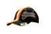 A black cap with orange sandwich trim and fabric stripes on the crown and peak, featuring a logo. A black cap with orange sandwich trim and fabric stripes on the crown and peak, featuring a logo.