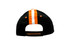 A black cap featuring orange and white fabric stripes on the crown and peak, with a logo on the back. A black cap featuring orange and white fabric stripes on the crown and peak, with a logo on the back.