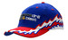 A blue cap with a red peak featuring flame embroidery design and a logo on the front.