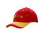 A red and yellow cap featuring an embroidered logo on the front and a fabric insert on the peak. A red and yellow cap featuring an embroidered logo on the front and a fabric insert on the peak.
