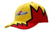 A yellow and red cap featuring a zigzag design and an embroidered logo on the front.