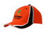 An orange cap featuring black sandwich trim and fabric inserts, with embroidery on the crown and peak. An orange cap featuring black sandwich trim and fabric inserts, with embroidery on the crown and peak.
