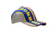 A grey cap with blue and yellow sandwich trim and embroidered lines on the crown and peak, featuring a logo. A grey cap with blue and yellow sandwich trim and embroidered lines on the crown and peak, featuring a logo.