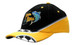 A black and yellow cap with an embroidered logo and printed checks on the peak. It features a logo.