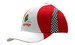 A red and white cap featuring checkered inserts and embroidery on the crown and peak, with a logo.