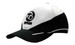 A black and white cap featuring embroidered lines and a logo on the front. Ideal for headwear promotion.
