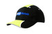 A black and neon yellow cap featuring fabric inserts on the crown and peak, with a logo on the front. A black and neon yellow cap featuring fabric inserts on the crown and peak, with a logo on the front.