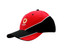A red and black cap featuring fabric inserts and piping, with a logo on the front. A red and black cap featuring fabric inserts and piping, with a logo on the front.