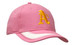 A pink cap featuring a yellow embroidered logo and a white peak insert.
