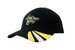 A black cap with fabric inserts in yellow and white, featuring a logo on the front.