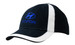 A black and white cap with fabric inserts on the crown and peak, featuring a logo on the front.