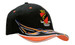 A black cap with an orange peak, featuring flame embroidery and a logo on the front.
