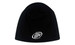A black rolled down beanie made of 100% cotton, featuring a logo on the front.