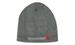 A grey rolled down cotton beanie with a fleece lining and a logo.