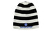 A striped beanie in black and white featuring a logo on the front.