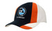 A cap featuring a navy, orange, and white design, with a logo embroidered on the front and panels in contrasting colours.