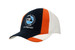 A navy, white, and orange cap featuring a logo and embroidered lines on the peak. A navy, white, and orange cap featuring a logo and embroidered lines on the peak.
