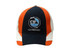 A cap featuring a navy blue, orange, and cream design with embroidered details and a logo. A cap featuring a navy blue, orange, and cream design with embroidered details and a logo.