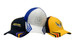 Three caps featuring various designs and colours: a navy cap, a grey and blue cap, and a yellow cap with embellishments.
