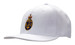 A white cap featuring a flat peak and a logo on the front. The cap has a fitted design and premium twill fabric.
