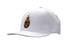 A fitted white cap with a flat peak and a logo on the front. A fitted white cap with a flat peak and a logo on the front.