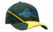 A green and yellow cap with peak insert and crown embroidery, featuring a logo on the front.