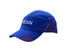 A blue cap with purple fabric inserts and piping on the crown and peak, featuring a logo.