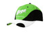 A green and black cap with fabric inserts on the crown and peak, featuring a logo on the front. A green and black cap with fabric inserts on the crown and peak, featuring a logo on the front.