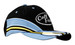 A black cap with blue and yellow accents, featuring embroidery on the crown and peak. It includes a logo.