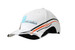A white cap featuring fabric inserts and embroidery on the crown and peak, with orange and black accents.