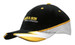 A black and white cap with yellow accents, featuring embroidery on the crown and peak, including a logo.