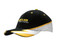 A black and white cap with yellow accents, featuring embroidery on the crown and peak, including a logo.