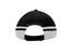A black and white cap featuring a peak and crown inserts, with a logo on the back.