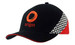 A black cap featuring red accents, sandwich trim, a checkered pattern, and an embroidered logo.