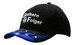 A black cap featuring embroidered details and a blue peak, adorned with a logo on the front.