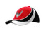 A red, black, and white cap featuring embroidery on the crown and peak, with a logo visible.